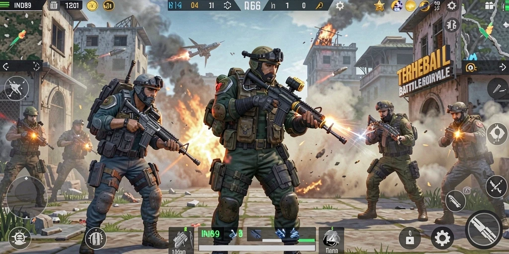 Screenshot gameplay IND89 yang menunjukkan aksi pertempuran intens di arena Battle Royale.