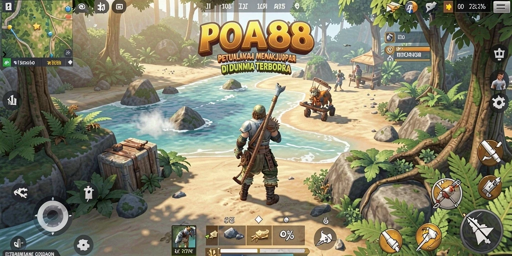 Screenshot utama menunjukkan karakter dalam lingkungan Open World yang luas.