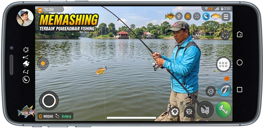 Tampilan gameplay TO288 saat menangkap ikan besar di lautan.