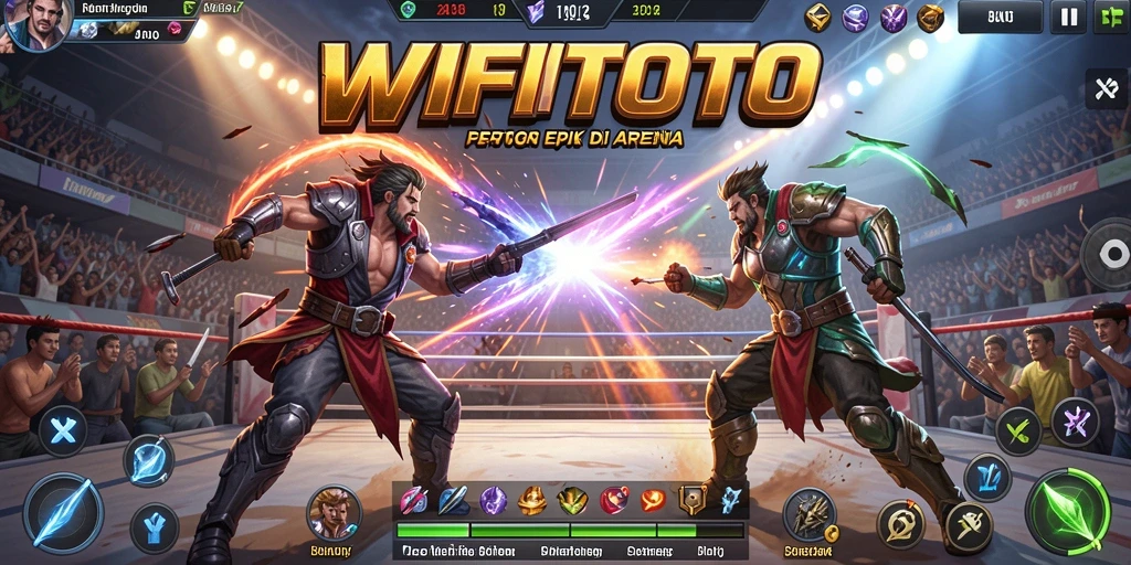 Screenshot WIFITOTO menampilkan karakter bertarung di arena yang dinamis.